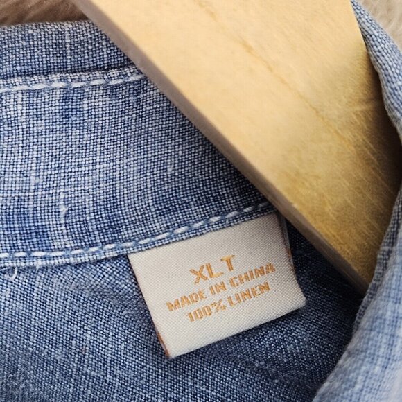 Tommy Bahama Denim Shirt 100% Linen Buttons Blue Short Sleeve Men's Sz XLT Tall - Picture 7 of 10